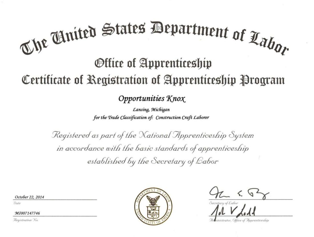 DOL Certificate of Registration of Apprenticeship Program